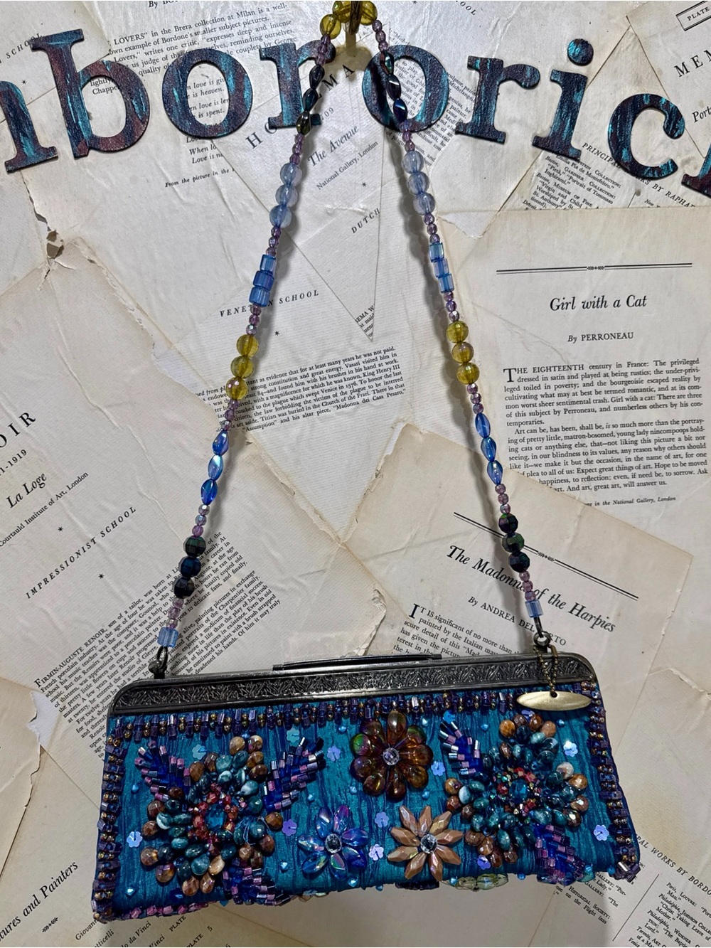 Vintage Mary Francis Evening Bag Beaded Strap Jewel Embellish Teal Y2K - Picture 3 of 8